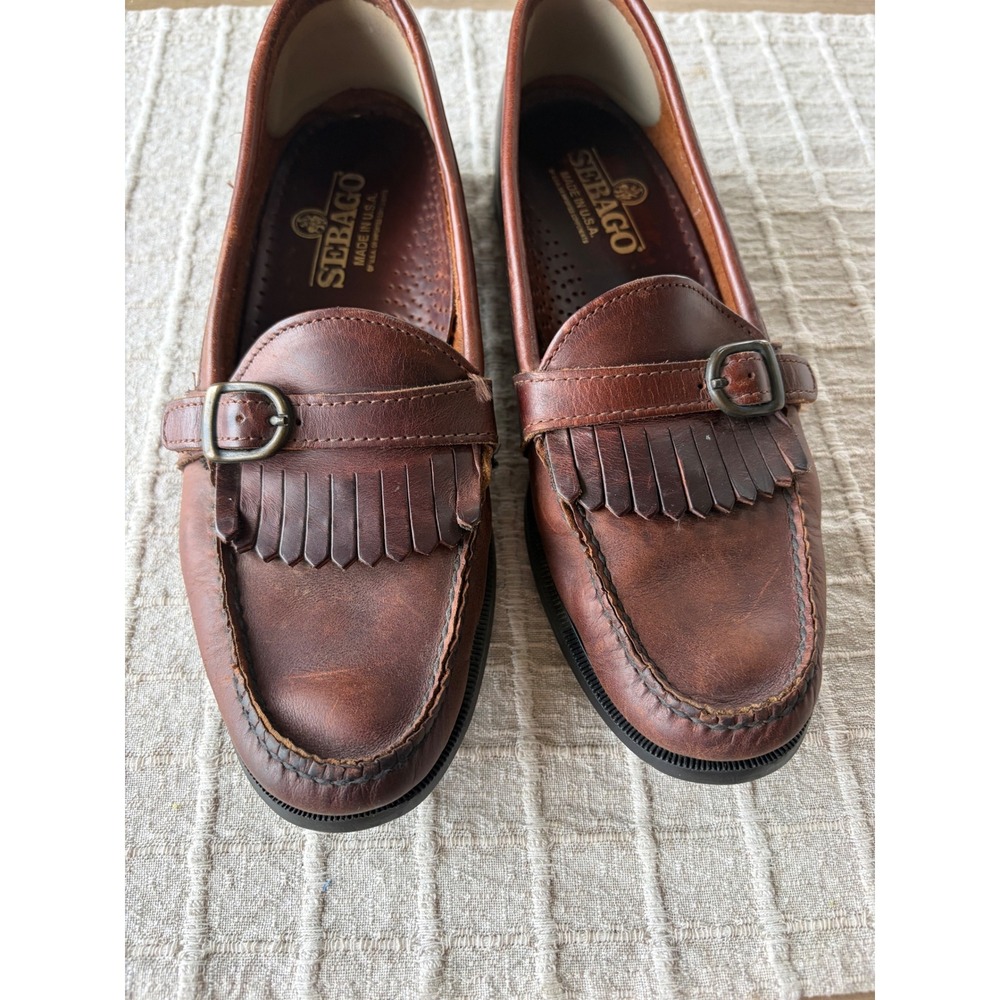 Vintage Sebago brown leather loafers fringed kiltie detail buckled strap sz 11 - Picture 3 of 7
